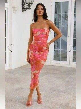 Hello Molly Luxe Bliss Midi Dress Pink Orange Ruched Strappy Mesh Large